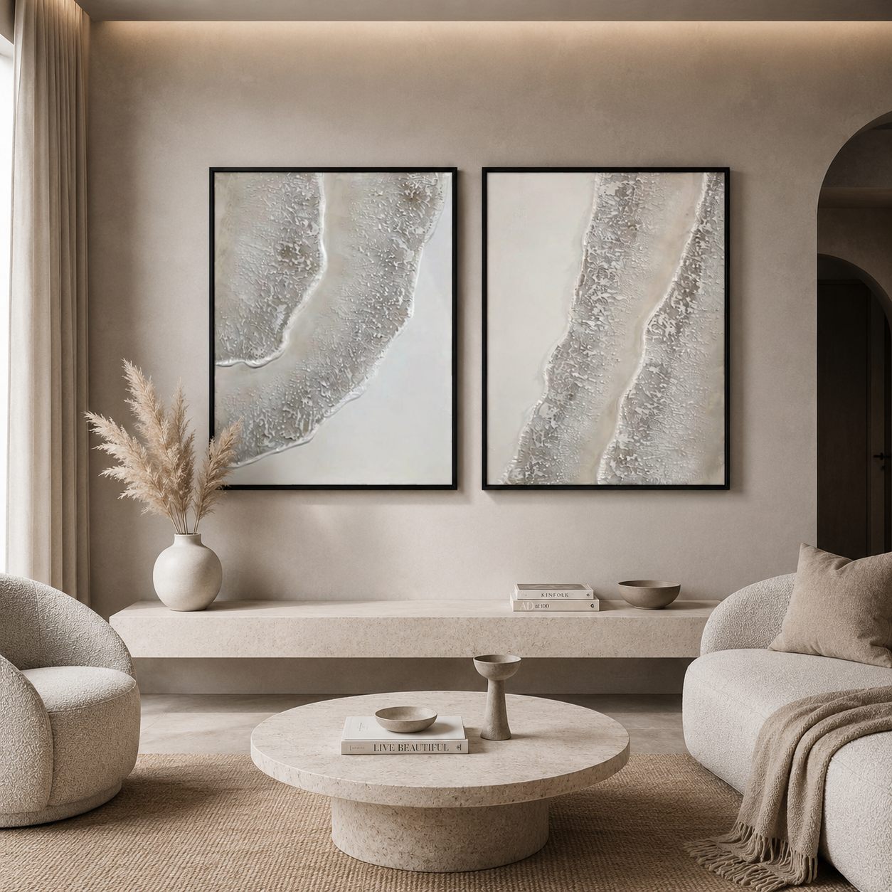 PEARL DUO | סט תמונות אבסטרקט בגווני פנינה ולבן