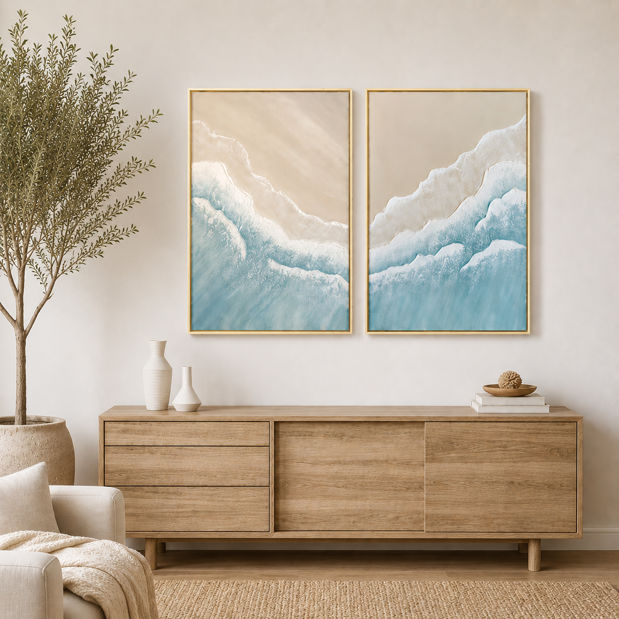BREEZE DUO | סט תמונות אבסטרקט גלי ים בגווני טורקיז וחול