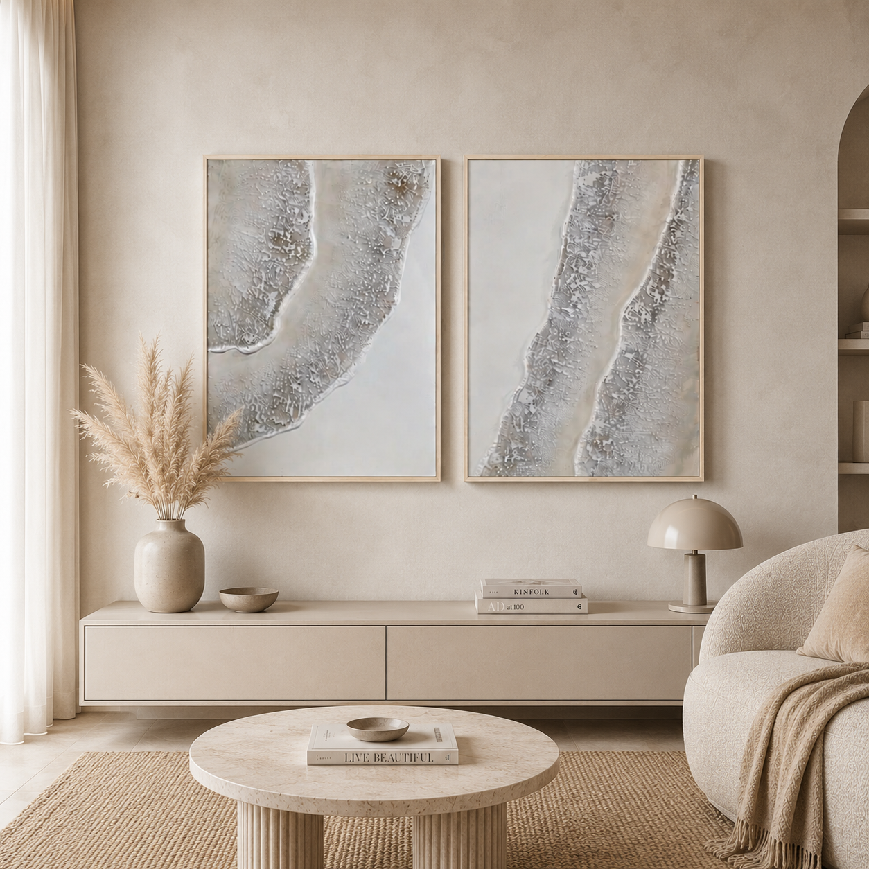 PEARL DUO | סט תמונות אבסטרקט בגווני פנינה ולבן